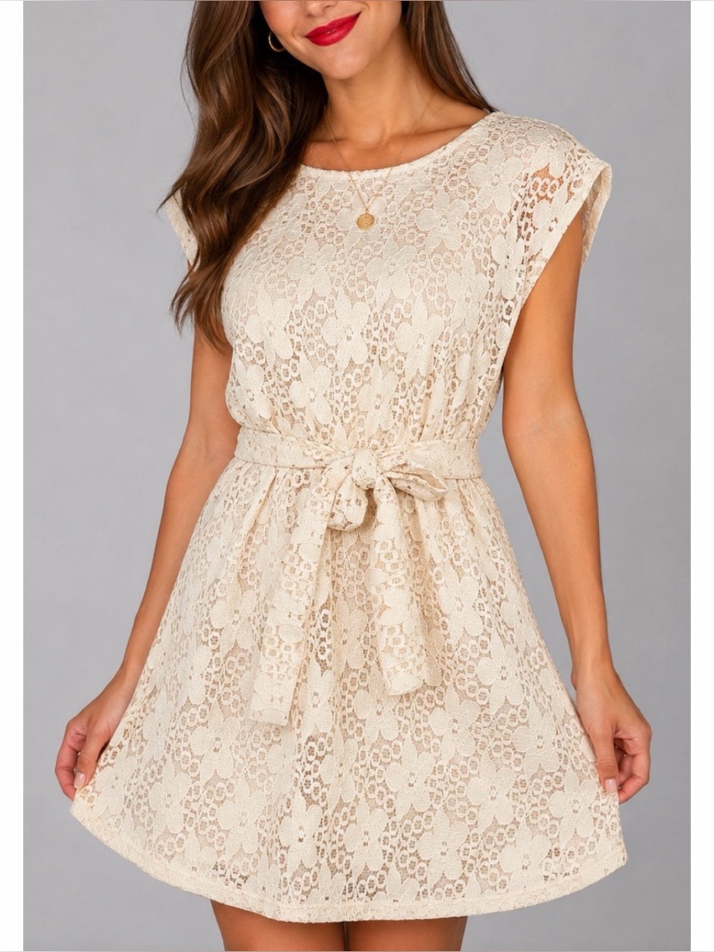 SHEEP • Cream Floral Lace Tie-Waist Mini Dress, M